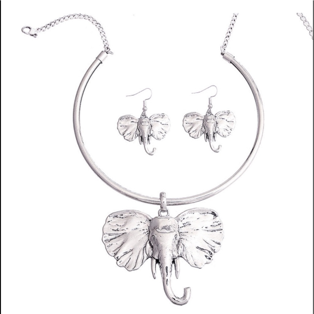 Burnish silver elephant choker necklace with matching earrings